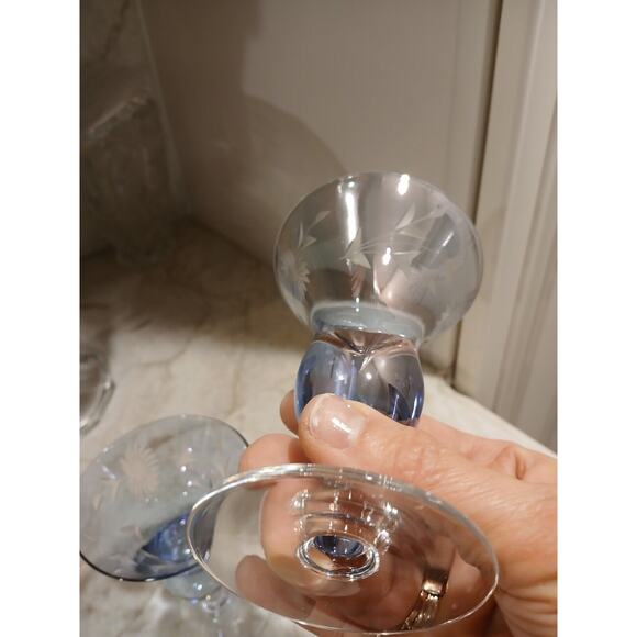 Murano Etched Cocktail Cordial Glasses 5" BLUE Barware Hand Blown Italy Antique - Picture 12 of 16